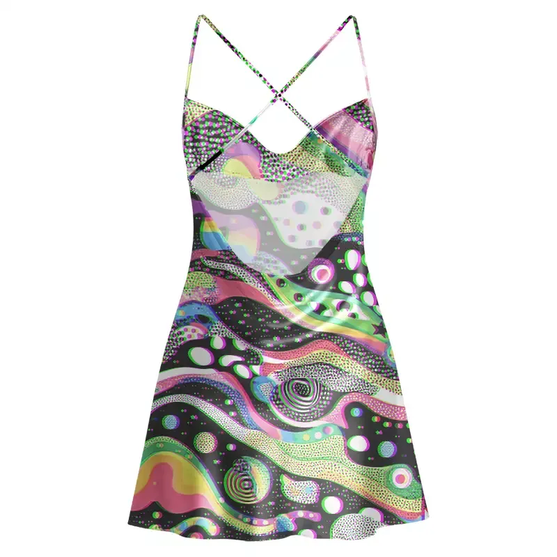 Soulisfree Trippy neon dotted cosmic swirls Cowl Neck Satin Mini Dress