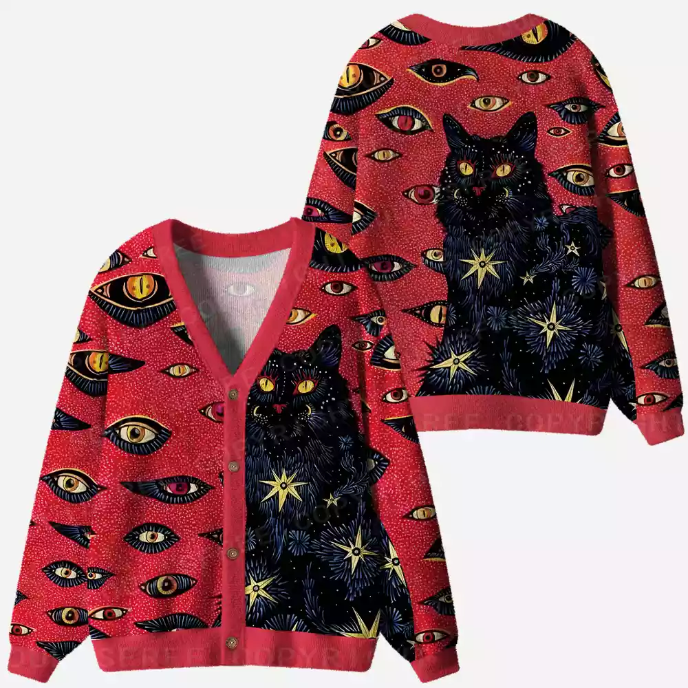 Cosmic Watcher Cat Ugly Cardigan Sweaters 