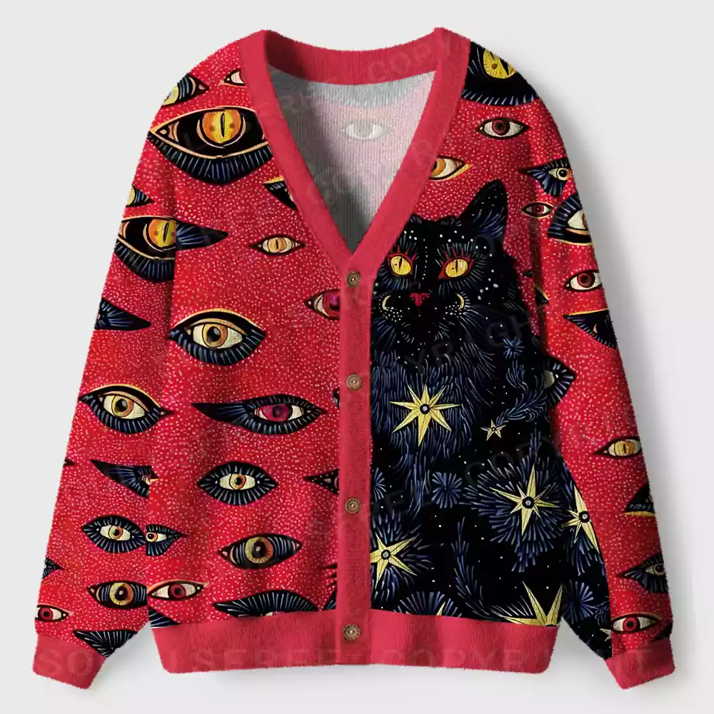 Cosmic Watcher Cat Ugly Cardigan Sweaters 