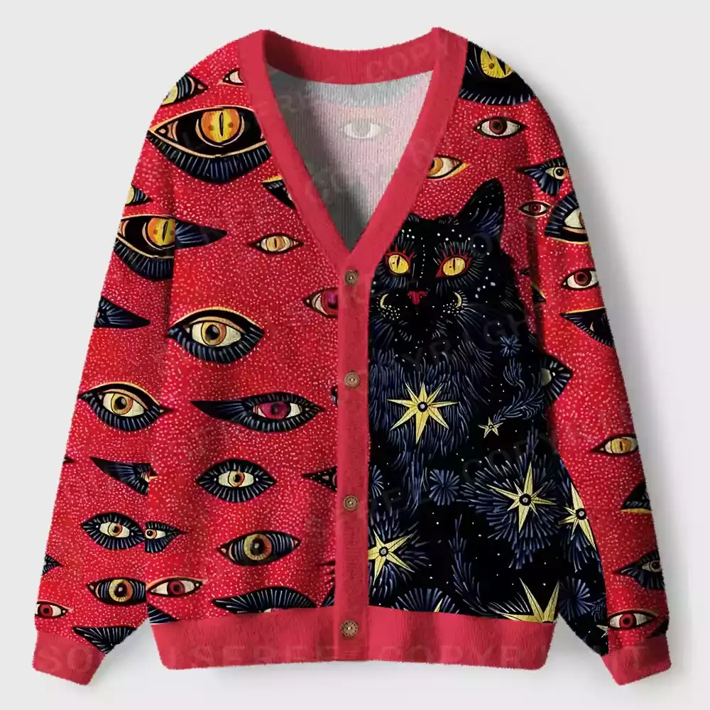 Cosmic Watcher Cat Ugly Cardigan Sweaters