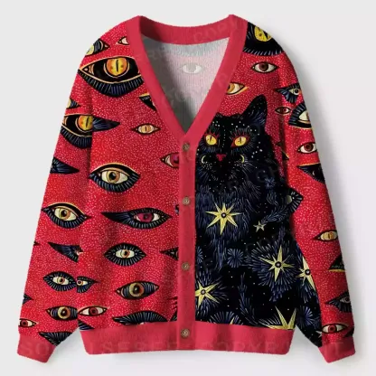 Cosmic Watcher Cat Ugly Cardigan Sweaters 