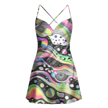 Soulisfree Trippy neon dotted cosmic swirls Cowl Neck Satin Mini Dress