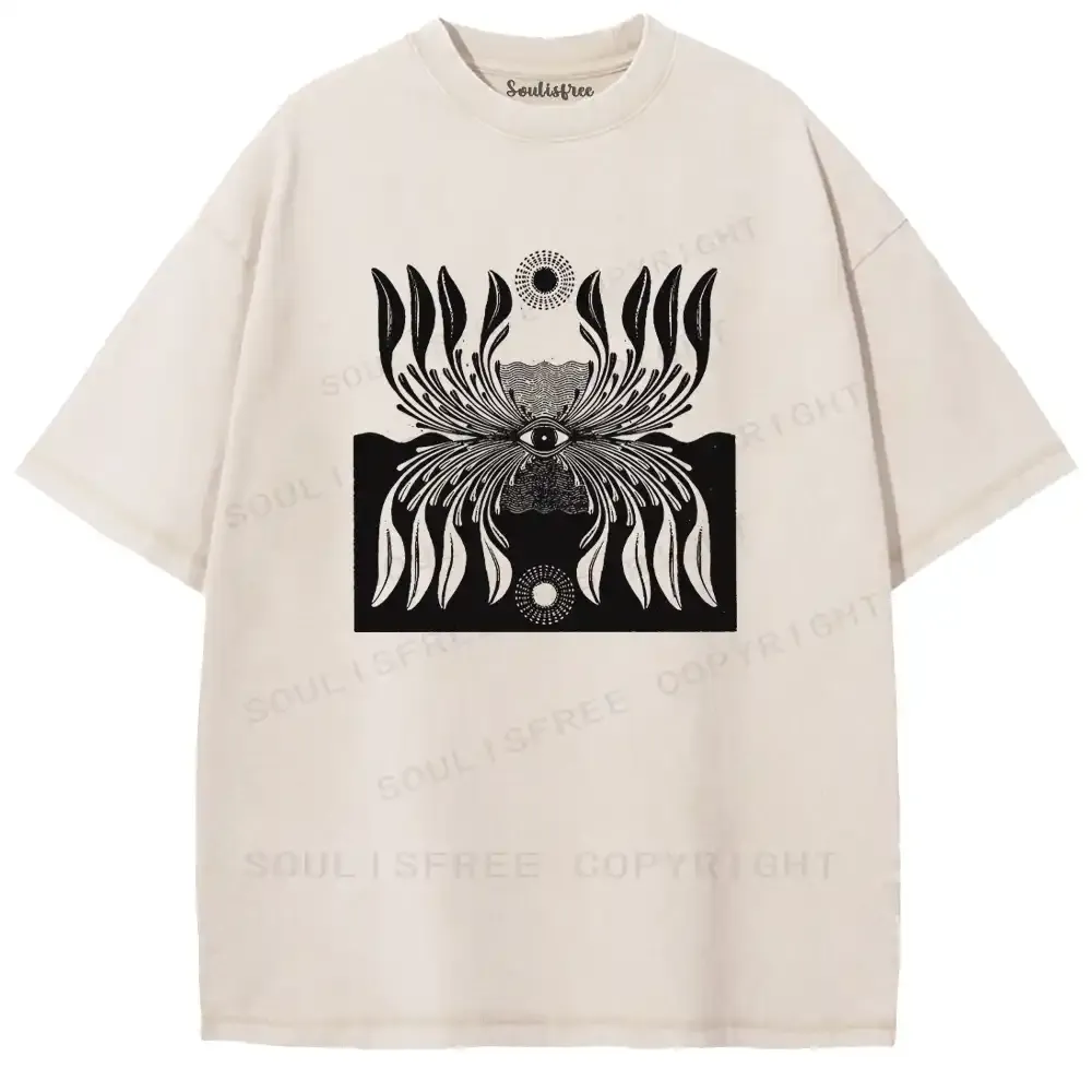 Sacred Eye Feather Pattern Washed T-shirt