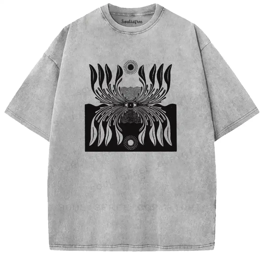 Sacred Eye Feather Pattern Washed T-shirt
