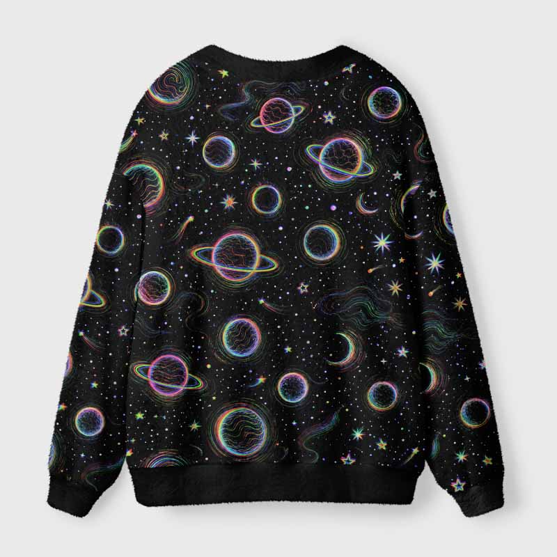Soulisfree Neon Galaxy Planets Fuzzy Cardigan Sweater 