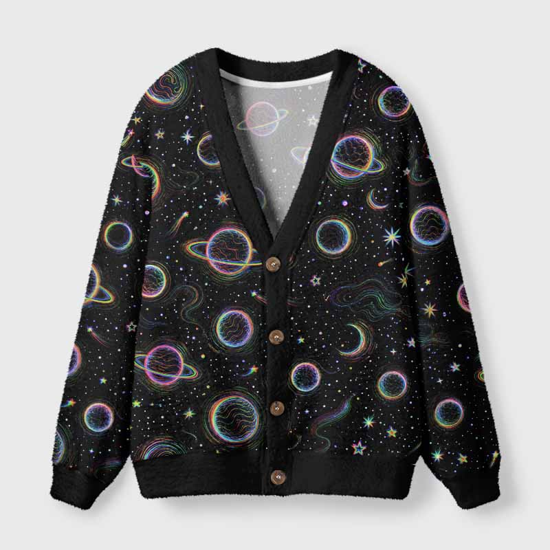 Soulisfree Neon Galaxy Planets Fuzzy Cardigan Sweater 
