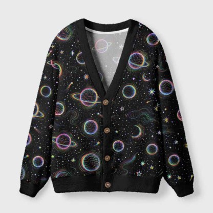 Soulisfree Neon Galaxy Planets Fuzzy Cardigan Sweater 