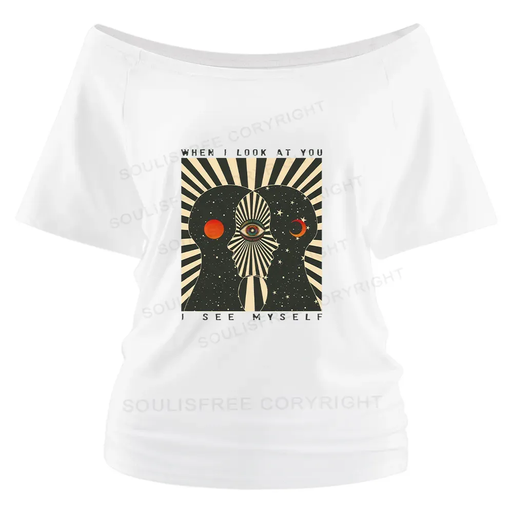 Designed Reflections of the Soul Washed Space T-shirt Off Shoulder Top
