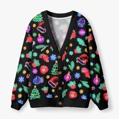 Soulisfree Neon Noel Christmas Fuzzy Cardigan Sweater