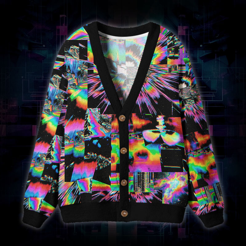 Soulisfree Digital Chaos Fuzzy Cardigan Sweater