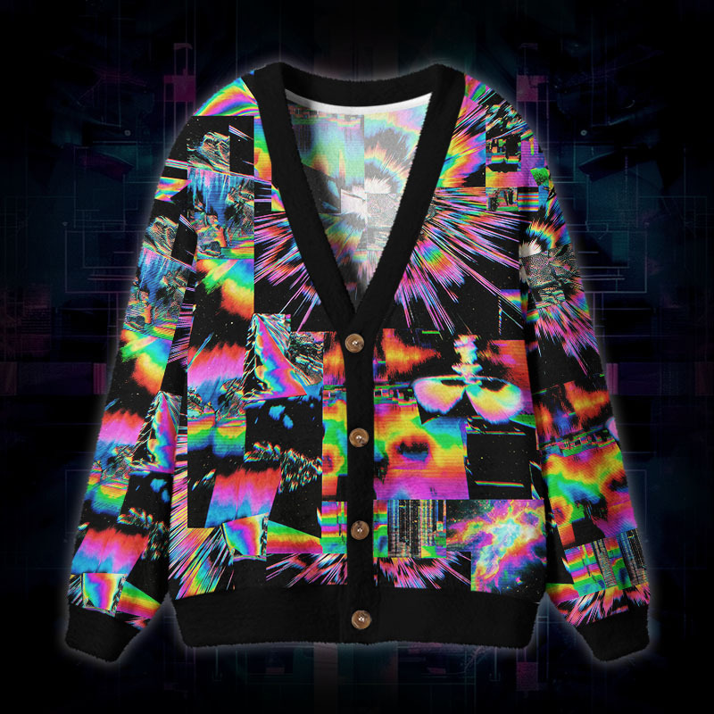 Soulisfree Digital Chaos Fuzzy Cardigan Sweater