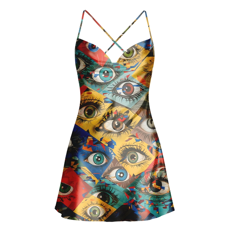 Soulisfree Pop Art Eye Collage Cowl Neck Satin Mini Dress