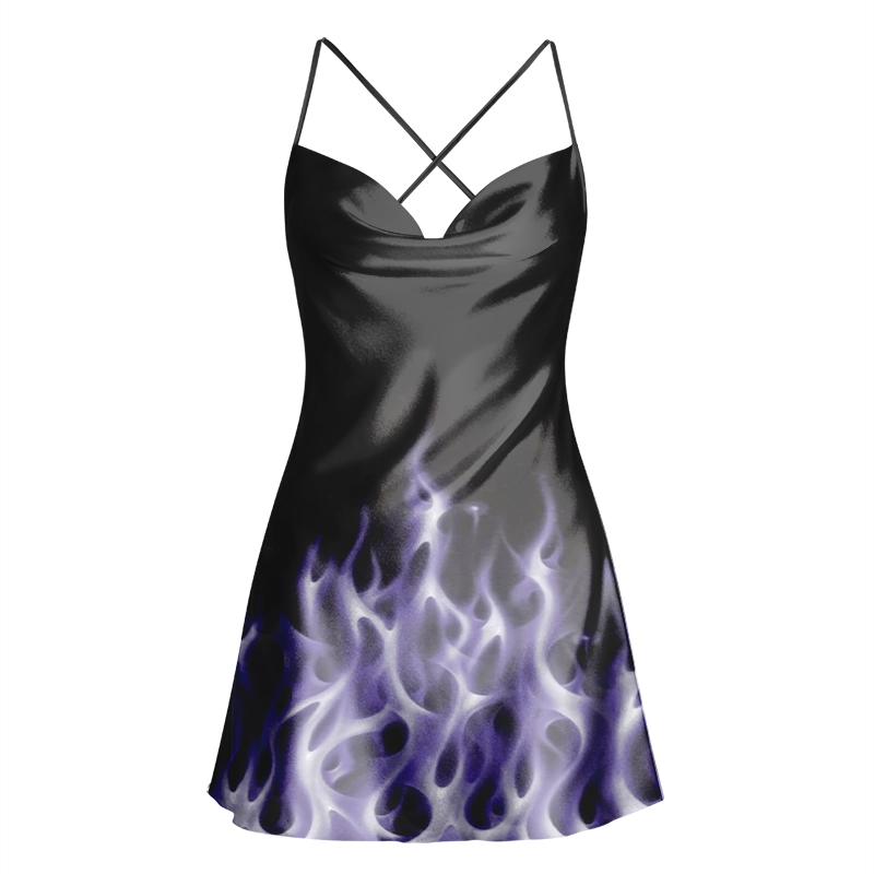Soulisfree Purple Flame Cowl Neck Satin Mini Dress