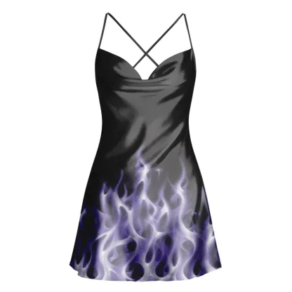 Soulisfree Purple Flame Cowl Neck Satin Mini Dress