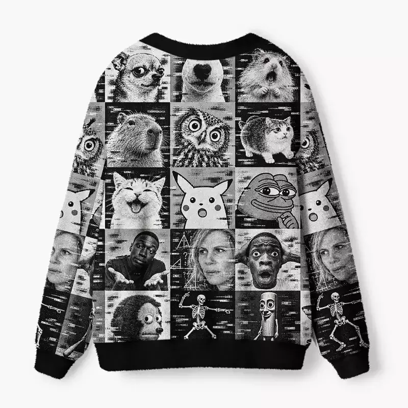 Soulisfree Monochrome Meme Grid Fuzzy Cardigan Sweater