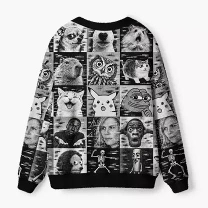 Soulisfree Monochrome Meme Grid Fuzzy Cardigan Sweater