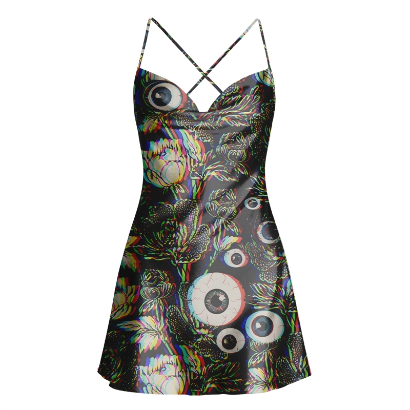 Soulisfree GLITCHY FLORA VISION Cowl Neck Satin Mini Dress