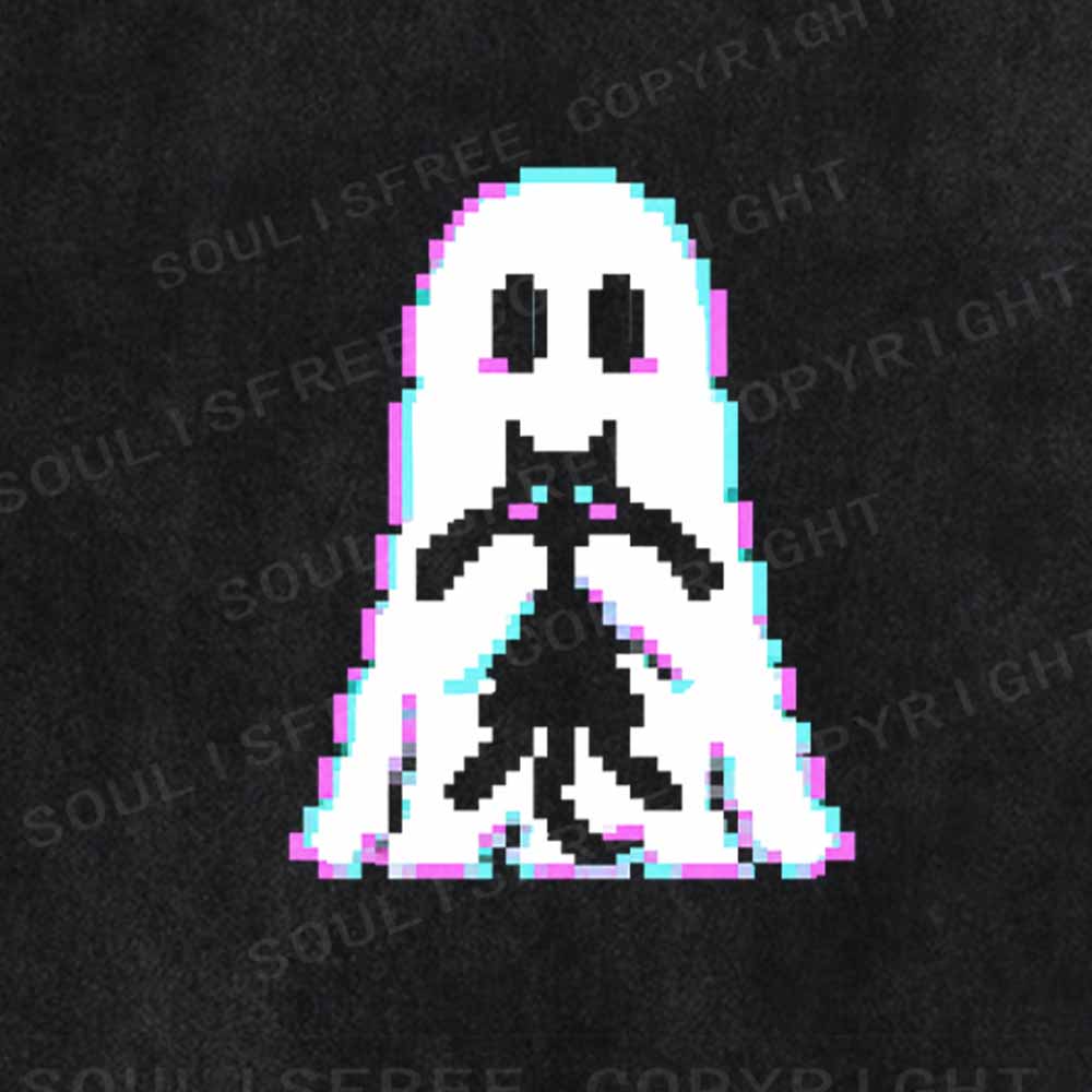 Soulisfree Pixel Ghost with  Cat  Washed Tee