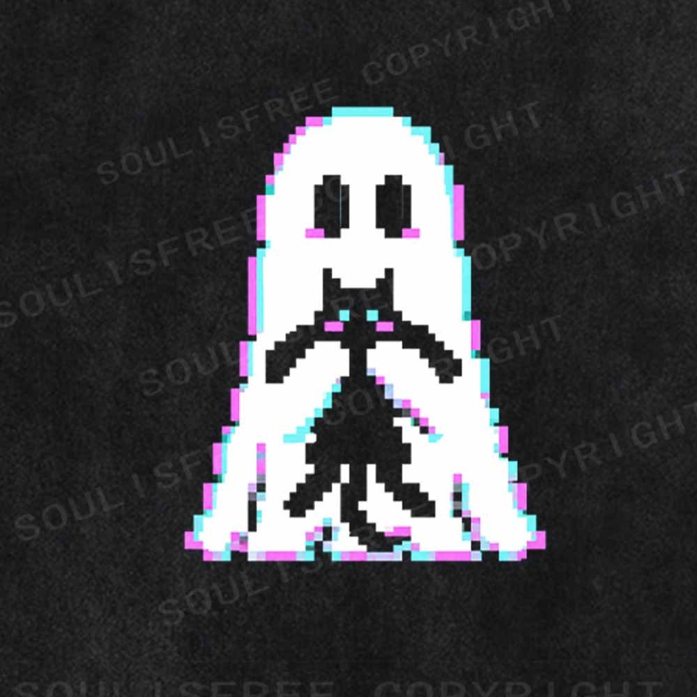 Soulisfree Pixel Ghost with  Cat  Washed Tee