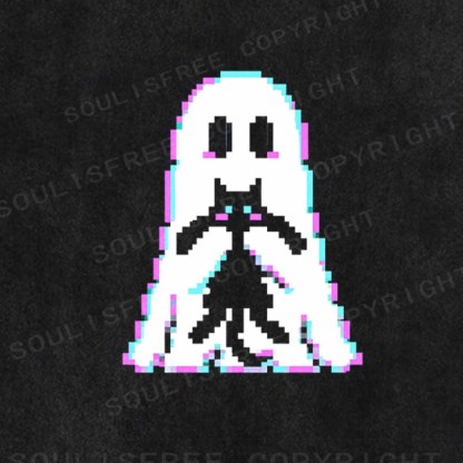 Soulisfree Pixel Ghost with  Cat  Washed Tee