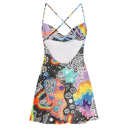 Soulisfree Psychedelic Vortex Collage Cowl Neck Satin Mini Dress