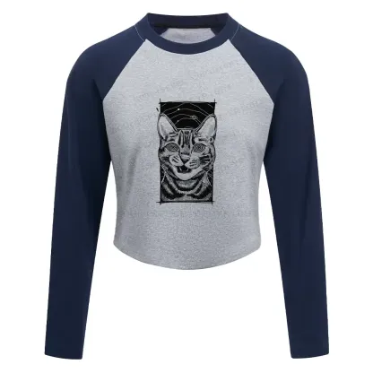 Hypnotic Cat Block Raglan Long Sleeve Crop Top