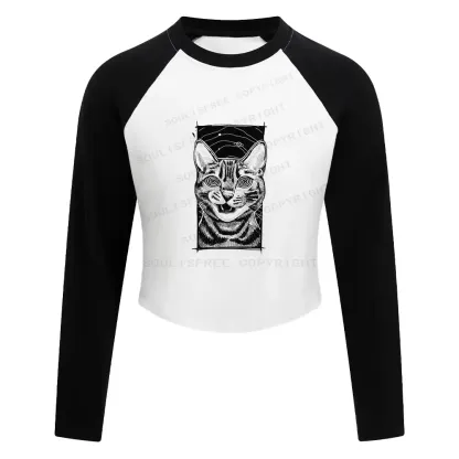 Hypnotic Cat Block Raglan Long Sleeve Crop Top