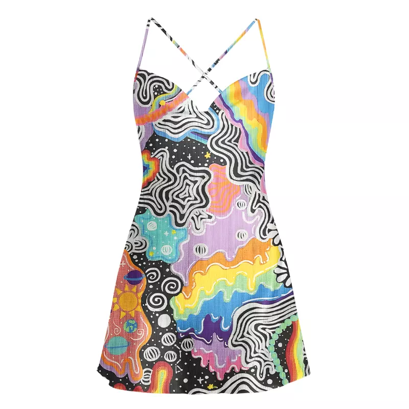 Soulisfree Psychedelic Vortex Collage Cowl Neck Satin Mini Dress
