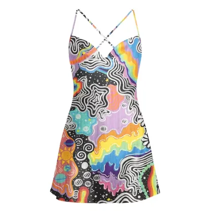 Soulisfree Psychedelic Vortex Collage Cowl Neck Satin Mini Dress