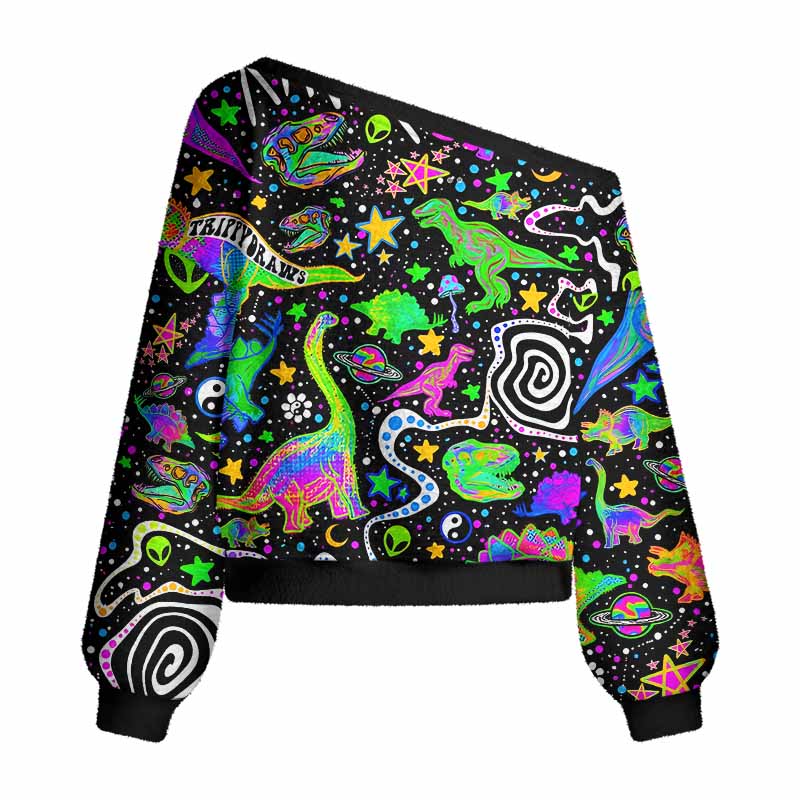 Soulisfree Cosmic Dino Trip Women's Fuzzy Crewneck Sweater
