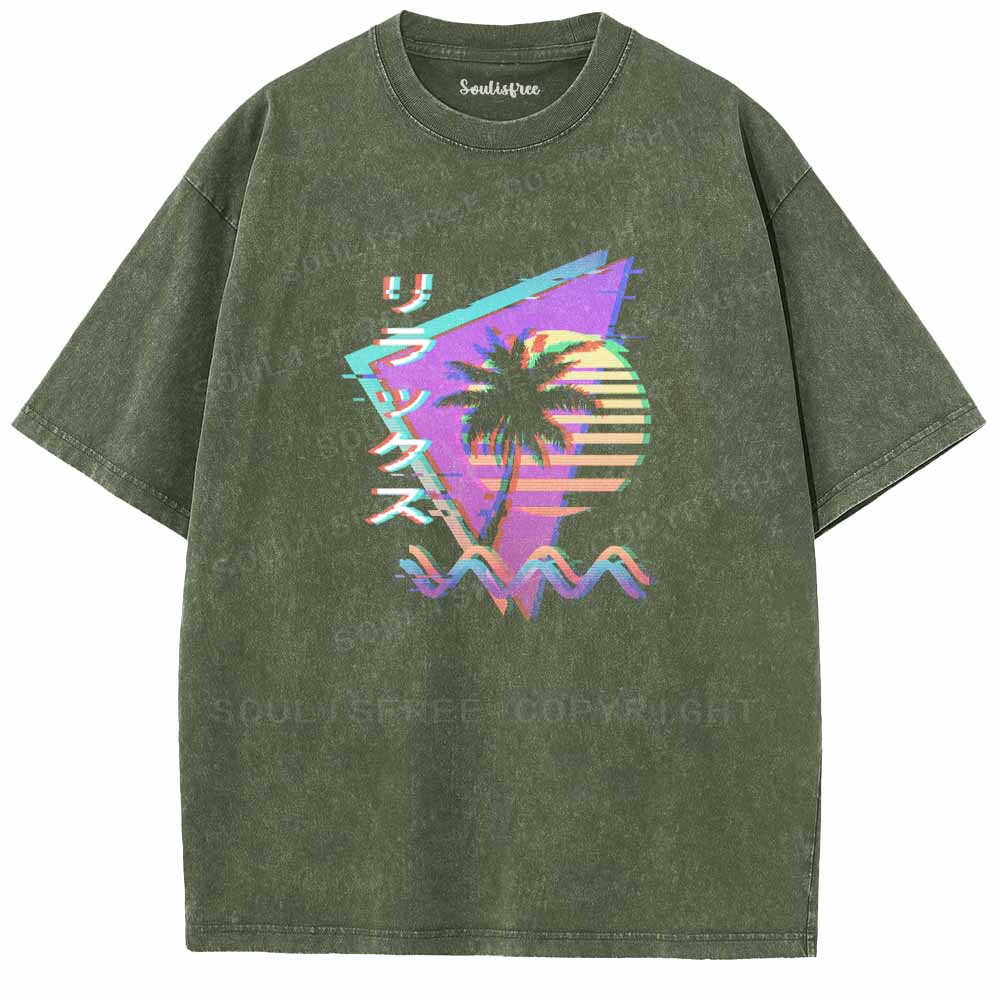 Soulisfree Vaporwave Retro 90s Sunset Glitch Aesthetic Washed Tee