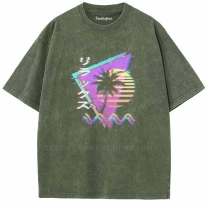 Soulisfree Vaporwave Retro 90s Sunset Glitch Aesthetic Washed Tee