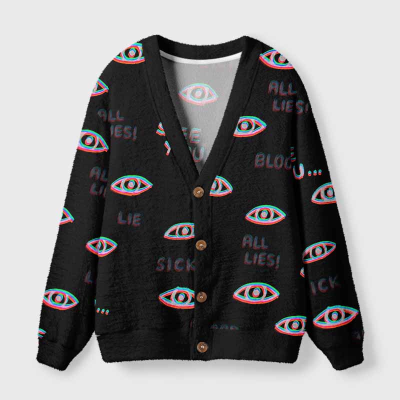 Soulisfree Glitch Neon All‑Seeing Eye Fuzzy Cardigan Sweater 