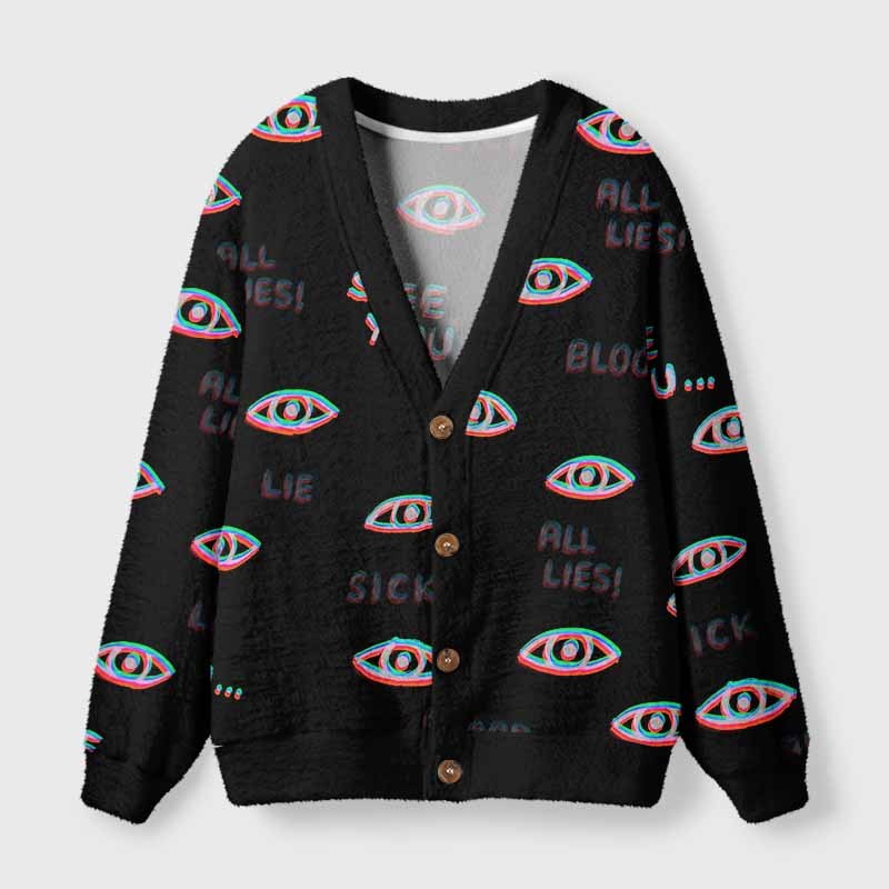 Soulisfree Glitch Neon All‑Seeing Eye Fuzzy Cardigan Sweater