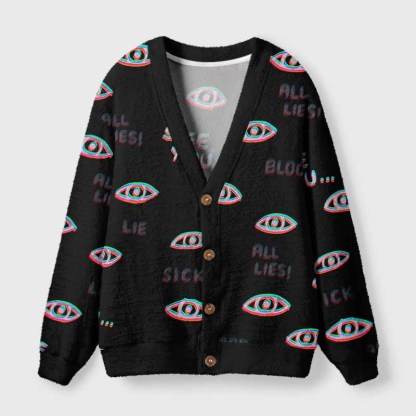 Soulisfree Glitch Neon All‑Seeing Eye Fuzzy Cardigan Sweater 