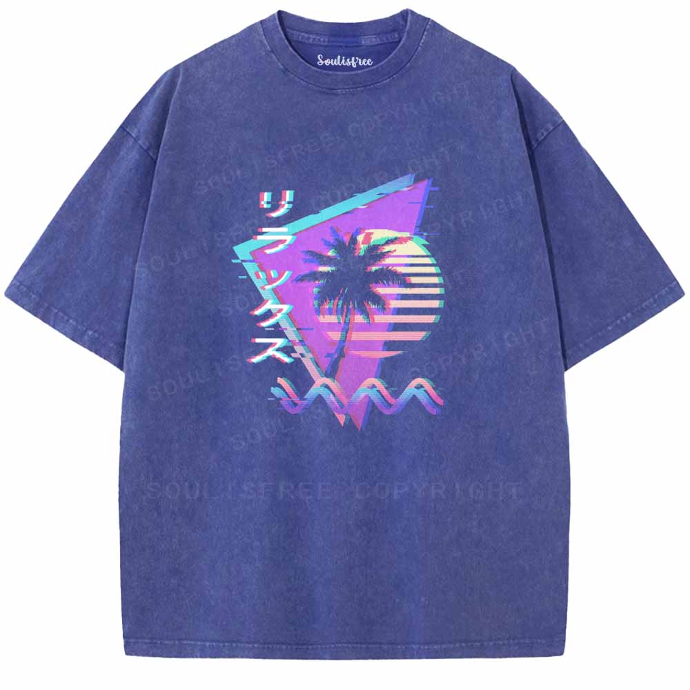 Soulisfree Vaporwave Retro 90s Sunset Glitch Aesthetic Washed Tee