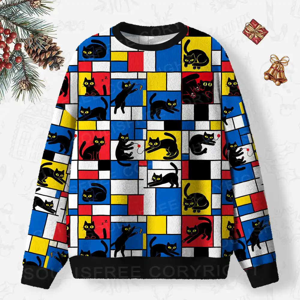 Color Block Cats Ugly Christmas Knit Sweatshirt