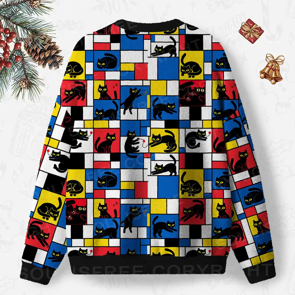 Color Block Cats Ugly Christmas Knit Sweatshirt