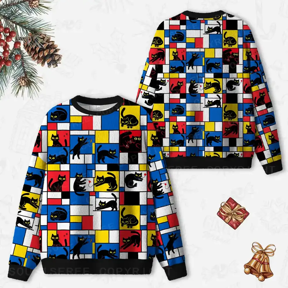 Color Block Cats Ugly Christmas Knit Sweatshirt