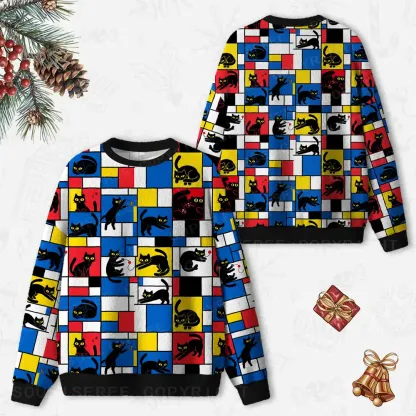 Color Block Cats Ugly Christmas Knit Sweatshirt