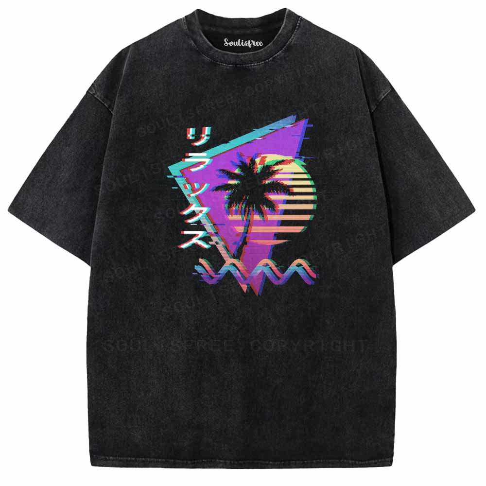 Soulisfree Vaporwave Retro 90s Sunset Glitch Aesthetic Washed Tee