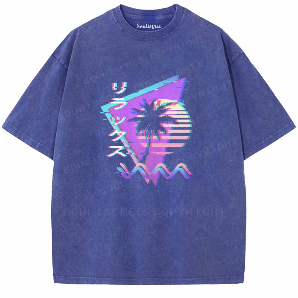 Soulisfree Vaporwave Retro 90s Sunset Glitch Aesthetic Washed Tee