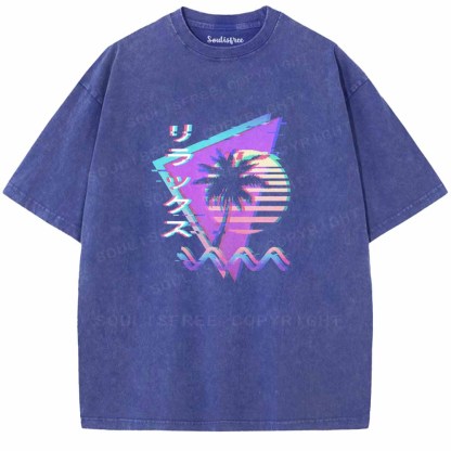 Soulisfree Vaporwave Retro 90s Sunset Glitch Aesthetic Washed Tee