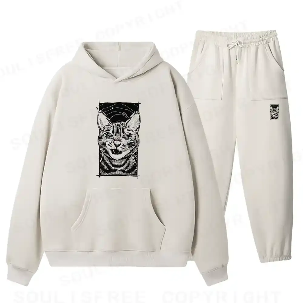 Designed Hypnotic Cat Fleece Hoodie Set