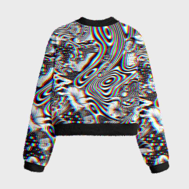 Soulisfree 3D Effect Abstract Swirl Botanical Women's Fuzzy Crewneck Sweater