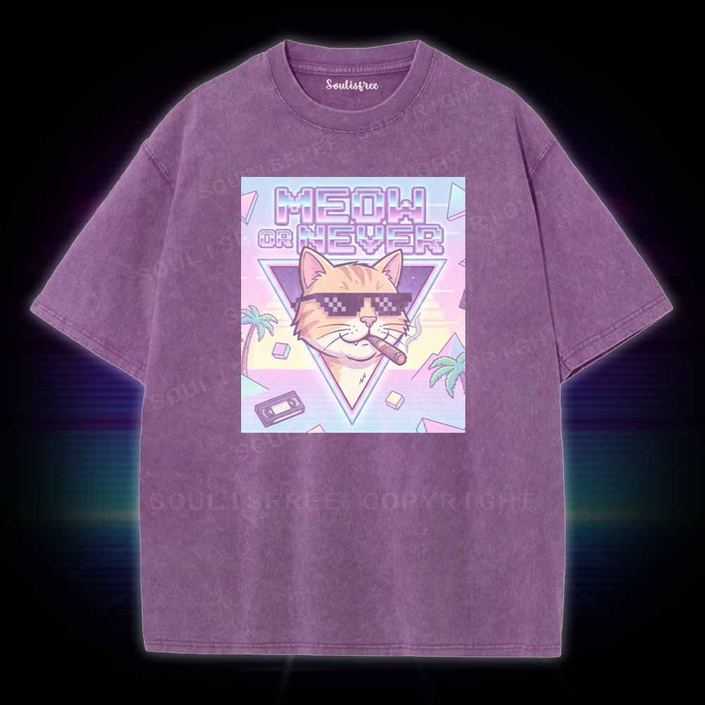 Soulisfree Meow Or Never Vaporwave Cat Washed Tee