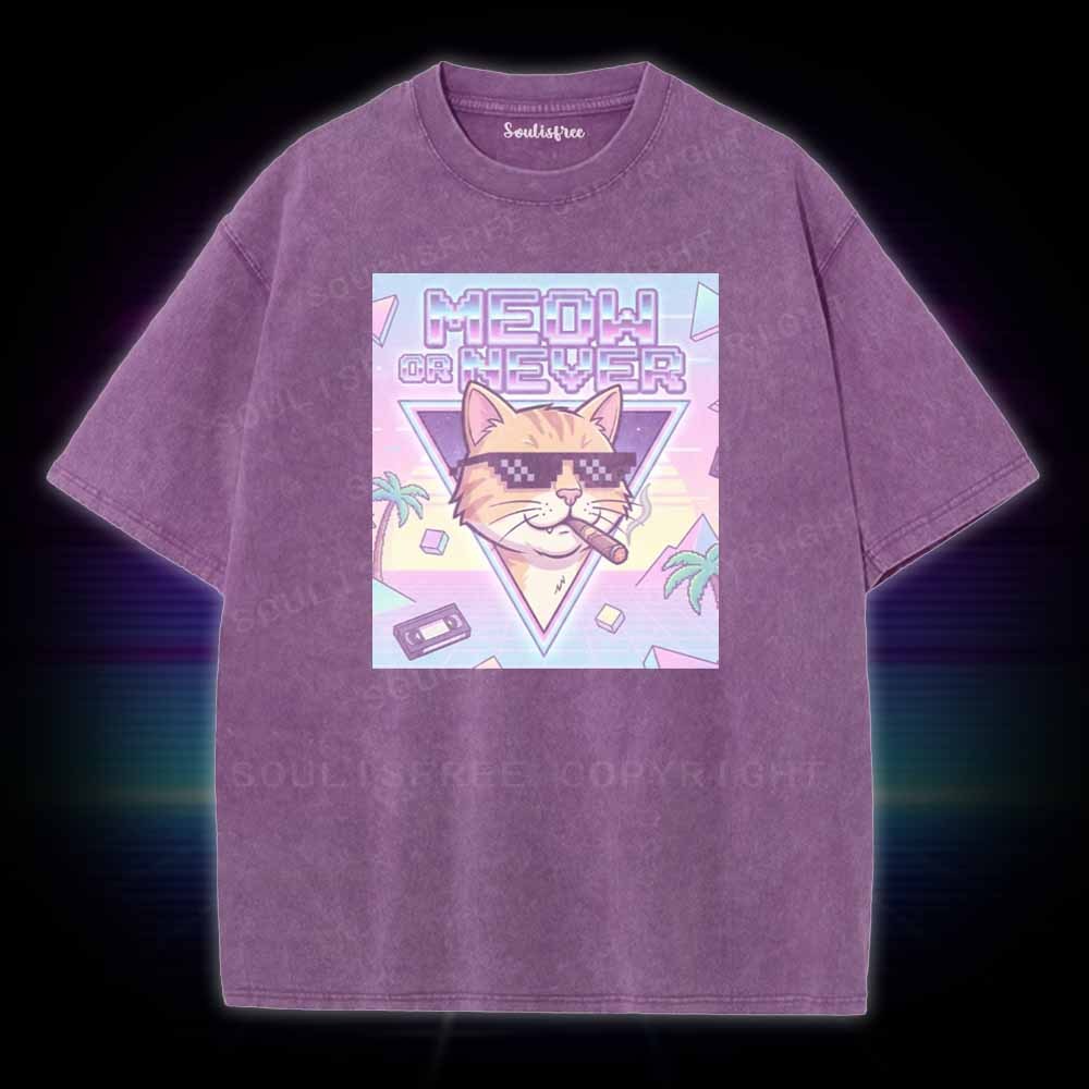 Soulisfree Meow Or Never Vaporwave Cat Washed Tee