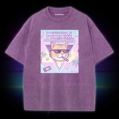 Soulisfree Meow Or Never Vaporwave Cat Washed Tee