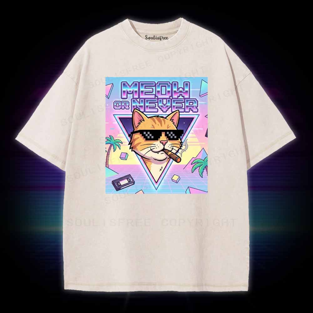 Soulisfree Meow Or Never Vaporwave Cat Washed Tee