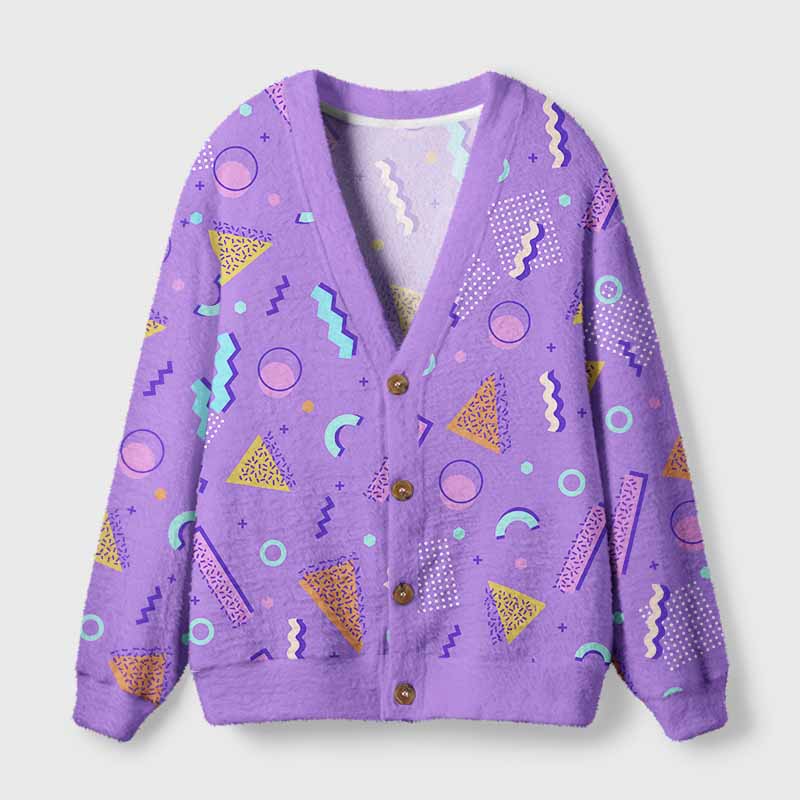Soulisfree Playful Neon Geometry Fuzzy Cardigan Sweater 